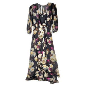 Black Floral Cross V-neck Tulip Hem 3/4 Sleeve Chiffon Midi Dress - Calvin Klein
